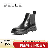 BeLLE 百丽 切尔西靴女商场同款英伦厚底短靴加绒3UP43DD1 黑单里-压花 34