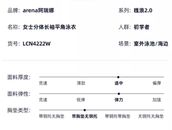 arena 阿瑞娜 魄浪2.0系列 女士长袖分体冲浪服 LCN4222W