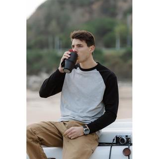 简木男装【宽松版型】春装280g插肩袖圆领拼色长袖T恤打底