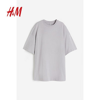H&M女装时尚休闲百搭汗布罗纹领口宽松短袖T恤1137208 浅灰色 155/76A (XXS)