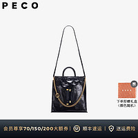 PECO 910真皮链条斜挎大容量油蜡皮手提新款托特包单肩休闲礼物送女生 经典黑 现货