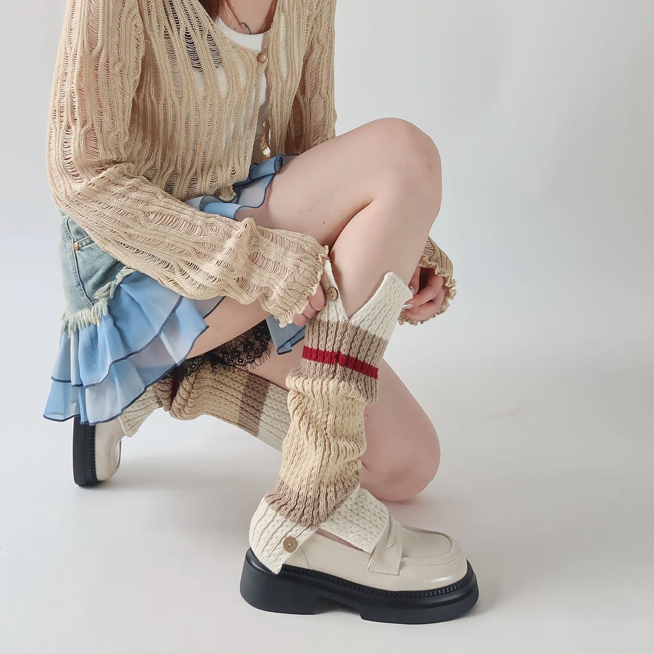 花思妍学院风y2k辣妹撞色腿套jk针织纽扣开口拼接色毛线堆堆袜套A15 米白色 均码（实物长短约42cm）