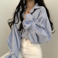 梦史怡2021春夏韩版学院风设计感宽松百搭小众灯笼袖条纹衬衫上衣女 蓝色 XL