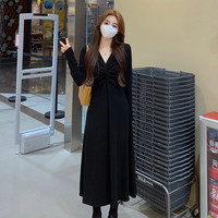 樱榄大码赫本风v领黑色连衣裙女高级感秋冬针织裙子胖mm显瘦气质长裙 黑色 XL码120140斤