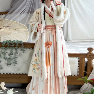 时慕语原创汉服女冬款宋制汉服女对襟长袄交领百褶裙日常加绒套装 米色长袄+米交领+米色裙 S