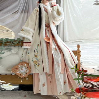 时慕语原创汉服女冬款宋制汉服女对襟长袄交领百褶裙日常加绒套装 米色长袄+米交领+米色裙 S