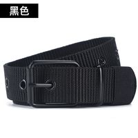 欧邦牧多孔帆布腰带男士针扣皮带青年韩版百搭牛仔裤带军训加长女潮 黑色(18孔尼龙针扣) 130cm