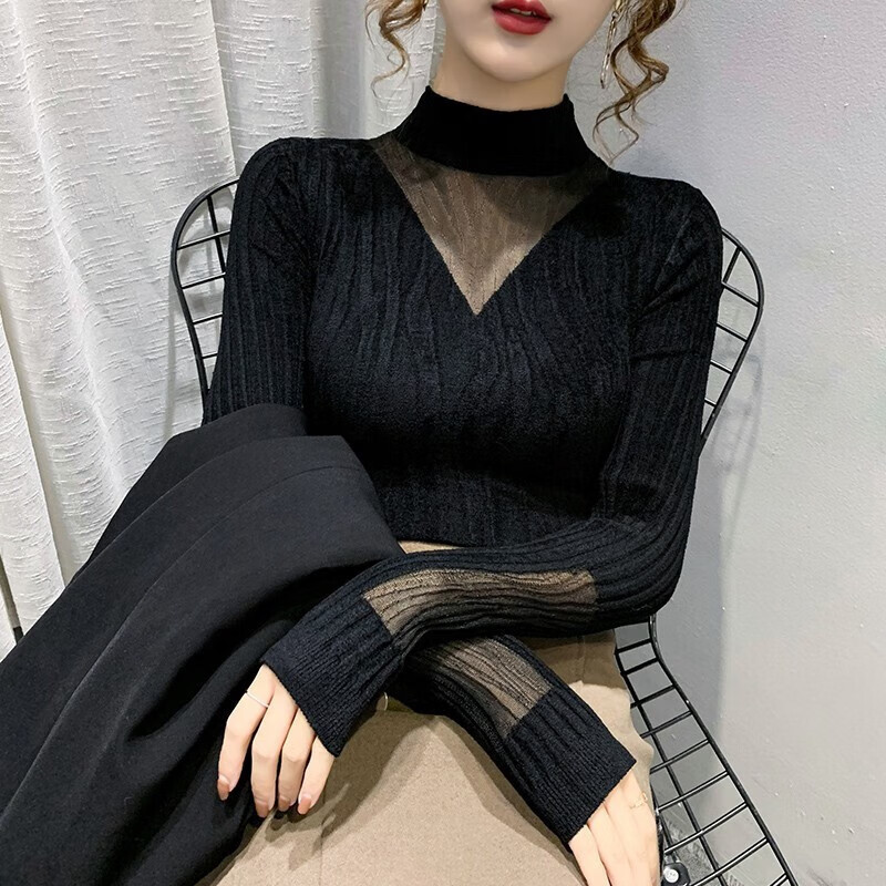 怡曼芙打底衫女秋冬显瘦半高领蕾丝针织衫网纱拼接女士内搭洋气上衣 黑色 均码
