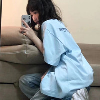 萨姆依国潮牌字母印花短袖T恤女夏季韩版宽松港味chic半袖上衣 蓝色【纯棉】 L