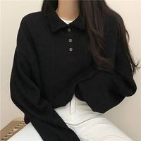 BTTKDL冬加绒纽扣POLO领长袖卫衣女学院风纯色宽松上衣 黑色-春秋款-三粒扣 3XL 145-160斤