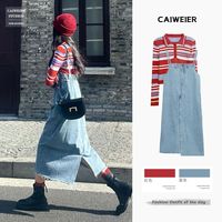 秋季微胖妹妹穿搭女2023温柔风梨型身材毛衣牛仔背带裙两件套