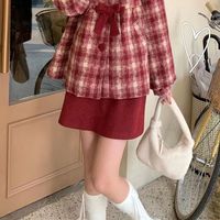 BTTKDL甜美格子毛呢套装裙女冬季新年战袍红色外套高腰半身裙两件套 红色半身裙-单裙子 XL