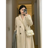 FOURDATRY 双排扣毛呢大衣外套女冬韩系小个子宽松中长款呢子大衣外套 燕麦色 S