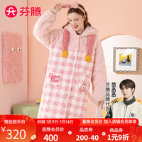 芬腾睡裙女秋冬夹棉加厚连帽开衫长袖舒可绒睡裙家居服裙子 粉格 L