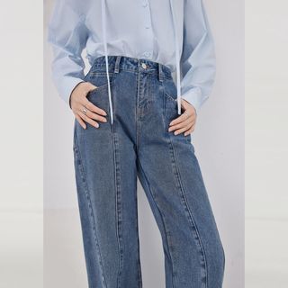 对白 复古宽松水洗牛仔裤女2022秋冬交叉分割裤子