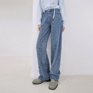 对白 复古宽松水洗牛仔裤女2022秋冬交叉分割裤子