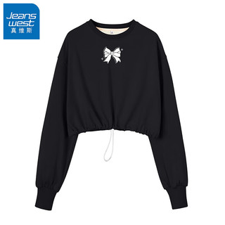 JEANSWEST 真维斯 圆领套头卫衣女春秋冬季抽绳短款无帽美式复古慵懒宽松上衣 黑-单个R字母K M
