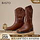 BASTO 百思图 时髦复古风西部靴粗跟女中靴MDA51DZ3 棕色 34