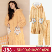米度丽月子服秋冬季加绒加厚产后睡衣珊瑚绒睡袍产妇保暖家居服外套 黄色套装 L