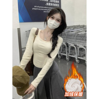風采兔 辣妹长袖t恤加绒加厚女冬内搭打底衫显瘦方领短款上衣 杏色【加厚德绒】 S