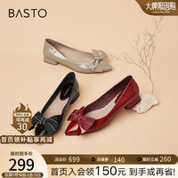 百思图春秋气质通勤蝴蝶结尖头方跟浅口女单鞋A6199CQ1 黑色 39