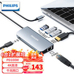 PHILIPS 飞利浦 网线转接头HDMI转换器 扩展坞Type-C拓展坞 6合一