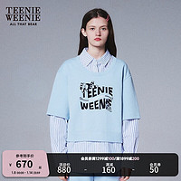 Teenie Weenie小熊女装2024早春条纹衬衫领假两件拼接卫衣上装 浅蓝色 155/XS