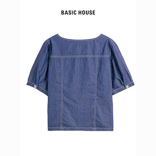 Basic House/百家好方领牛仔衬衫女季休闲多扣蓝色短袖