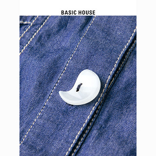 Basic House/百家好方领牛仔衬衫女季休闲多扣蓝色短袖