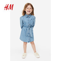 H&M童装女童连衣裙装水洗牛仔系带衬衫式裙子1138150 蓝色 110/56
