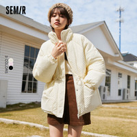 Semir 森马 棉服女冬季蝴蝶结插肩袖中长款外套肌理2022收腰厚棉衣