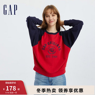 Gap女装秋季LOGO宽松法式圈织软卫衣818984撞色插肩上衣 红蓝拼接 170/96A(M)