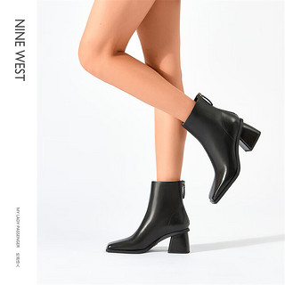 NINE WEST/玖熙加绒时装靴女2023冬气质通勤方头粗跟后拉链短靴 黑色(羊反绒NG251023SK) 35