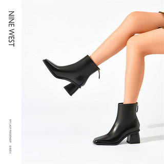 NINE WEST/玖熙加绒时装靴女2023冬气质通勤方头粗跟后拉链短靴 黑色(羊反绒NG251023SK) 35