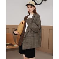 a02 西装格子秋冬外套韩版宽松拼色复古女不对称西服