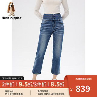 Hush Puppies暇步士女装2024春三粒扣高腰显瘦复古百搭牛仔裤 186牛仔蓝 34