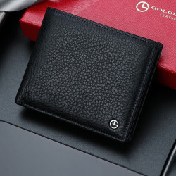 goldlion金利来男士钱包礼盒头层牛皮横款两折票夹商务钱夹短款皮夹黑