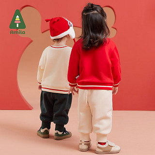 阿米拉（AMILA）啊咪啦儿童装2023冬装女童宝宝上衣圆领套头长袖新年卫衣绒衫 赤豆红 80cm