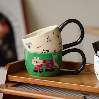 肆月韩式ins马克杯家用陶瓷大耳朵把手杯创意卡通杯子喝水咖啡杯 黑色斑点狗
