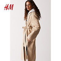 H&M HM女装毛呢外套保暖时尚气质腰部系带大衣1170372