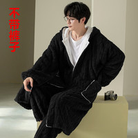 觅佰湖南省服男带帽加厚长款睡袍加肥加大码法兰绒家居服套装 单件袍3805#黑 不带裤子 L码(105125斤)