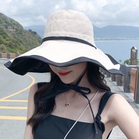 BuyYii MIZ双面大沿帽子遮阳帽女防晒韩版百搭防紫外线大帽檐太阳渔夫帽 ZY-18米色黑边【双面戴14cm檐】 适合头围(55~58cm)防风绳