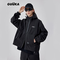 古由卡（GUUKA）山系户外连帽隧道抽绳风衣男潮 防泼水双拉链登山冲锋衣宽松百搭 黑色G60252 M