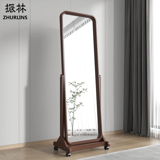 振林（ZHURLINS）实木全身镜穿衣镜客厅家用卧室落地立式简约带轮子可移动试衣镜子 胡桃色【防爆镜面】带刹车轮