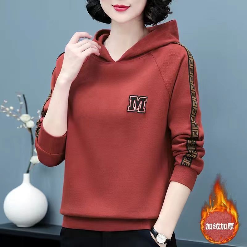 聆欣连帽卫衣女纯棉宽松韩版春秋装中年妇女上衣减龄休闲长袖时尚 锈红色（加绒加厚） XL  适合100-115斤