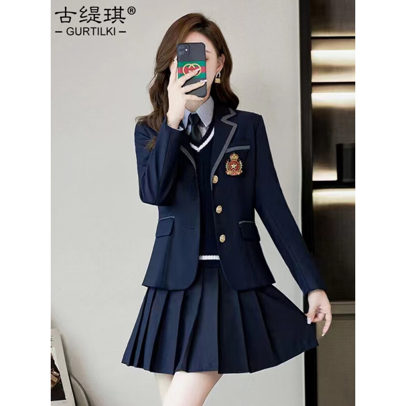 古缇琪学院风西装外套女春秋JK制服职业装洋气减龄小西服套装两件套 蓝色西服+蓝色百褶裙+灰衬衫 XL【适合109-118斤】