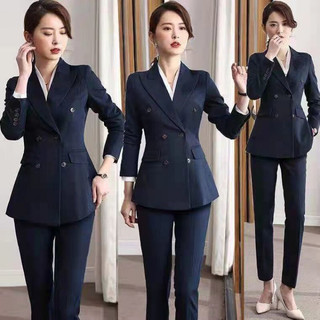 SOEM原创高端女装高端西装外套女职业套装秋冬加厚休闲西服时尚气质正装女神范 深灰西装+裤子 XL