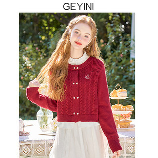 歌依妮圣诞红色毛衣外套女假两件冬设计感小个子新年针织上衣 红色 S