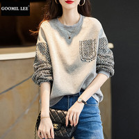 GOOMIL LEE灰色圆领卫衣女宽松时尚春秋薄款套头拼接潮上衣 灰色 L
