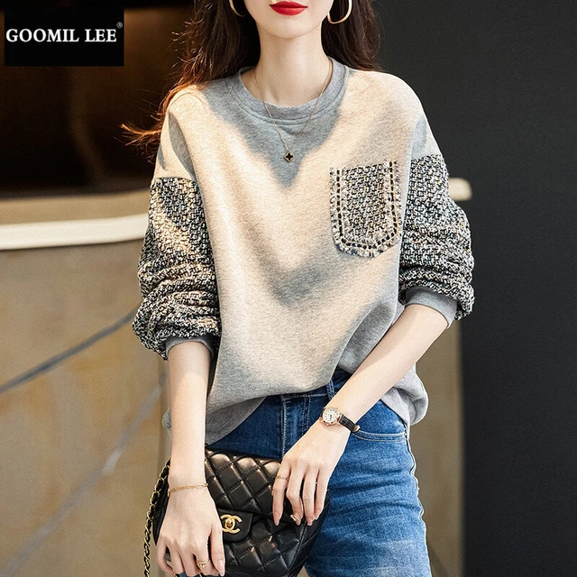 GOOMIL LEE灰色圆领卫衣女宽松时尚春秋薄款套头拼接潮上衣 灰色 L